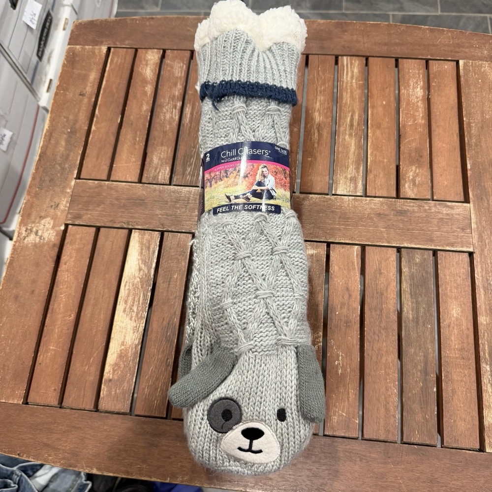 Cuddl Duds 2 Pack Sherpa Lined Lounge Slipper Socks Gray Dog One Size NEW